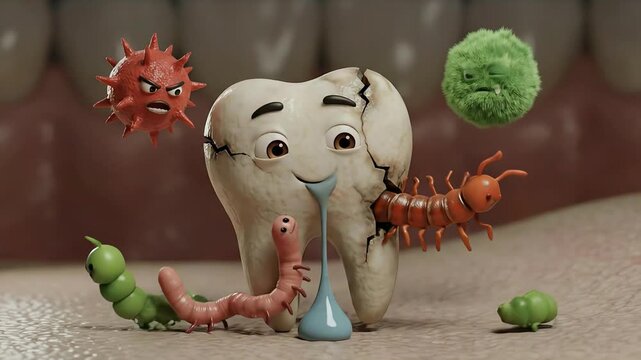 3D conceptual illustration: A decaying tooth attacked by aggressive microbes, symbolizing severe oral health problems.