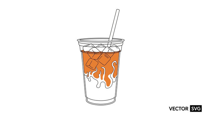 Iced Coffee Drink with Orange Syrup Drizzle in Clear Plastic Cup with Straw