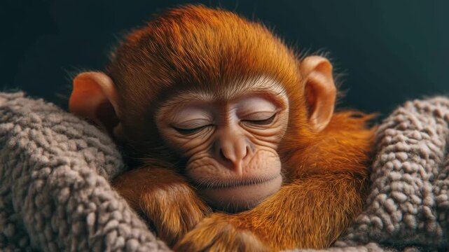 Cute newborn monkey with orange fur sleeping serenely, wrapped in a cozy, warm, knitted blanket