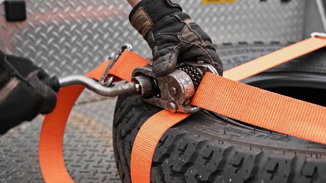 Hands in gloves tightening orange ratchet strap around car tire. Tire is secured on metal cargo platform for safe transport. Useful for logistics, transportation, and safety training content.