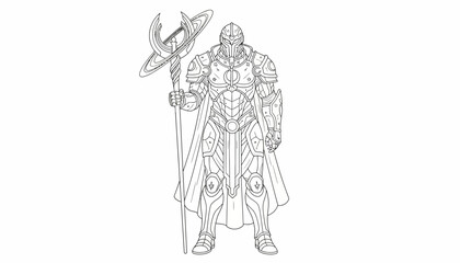 Fantasy Warrior Knight with Staff, Armor, Cape, and Helmet - Line Art