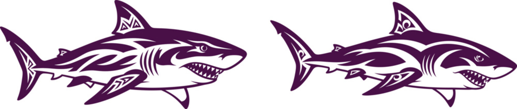 Tribal shark illustration set for marine wildlife themes, ideal for tattoo or logo designs