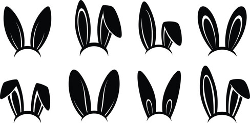 Collection of Various Rabbit and Bunny Ear Silhouettes in Different Poses and Shapes for Easter Photo Booth Props, Headband Designs, and Minimalist Animal Icons © Selim Studio