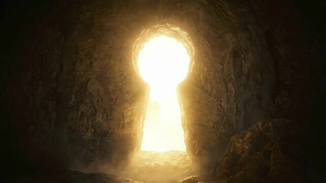 Camera moves through a rocky cave tunnel toward a glowing key hole shaped opening filled with bright sunlight
