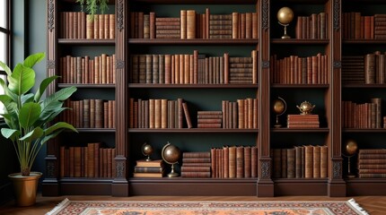 Estantería vintage de madera oscura con intrincados tallados y detalles dorados, forrada con libros antiguos encuadernados en cuero © Leonardo