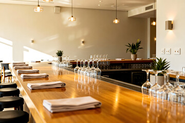 Stylish Restaurant Interior: A warm, inviting restaurant bar area features a polished wooden bar, minimalist lighting, and a serene ambiance, promising a dining experience of refined elegance.