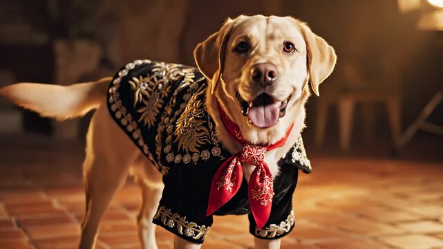 Yellow Labrador dog wears an ornate mariachi jacket. It stands on a terracotta floor with warm, cinematic lighting. The dog looks at the camera with a happy expression.