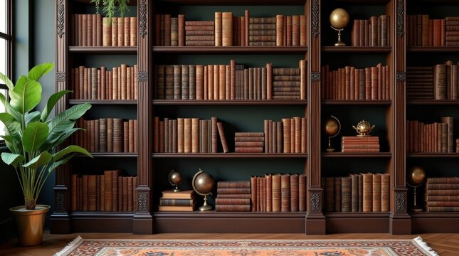 Estanter&iacute;a vintage de madera oscura con intrincados tallados y detalles dorados, forrada con libros antiguos encuadernados en cuero
