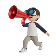 3d cartoon boy with vr headset and megaphone announcing in virtual reality