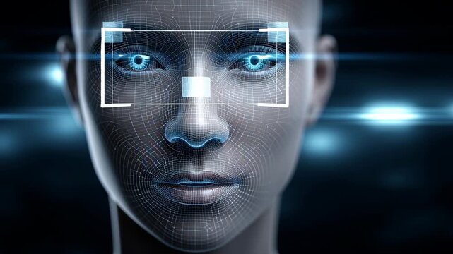 Digital face recognition system scanning human face, biometric security concept showing artificial intelligence and identity verification