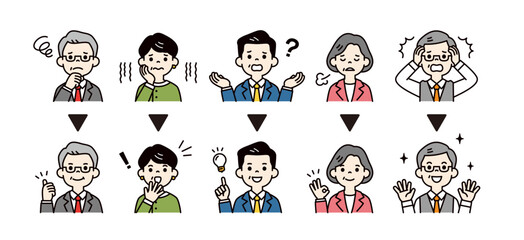 問題が解決・解消する中高年のビジネスパーソンの表情 ・ポーズのアイコンイラスト素材セット