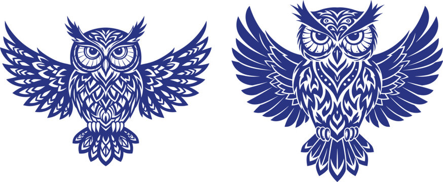 Two stylized owls with spread wings featuring intricate ornamental tribal patterns for various design projects