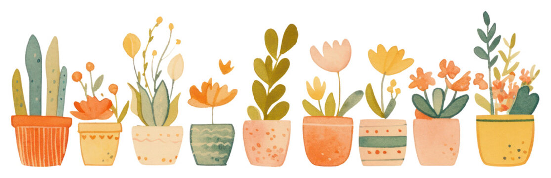 PNG Flower pots border art illustration watercolor.