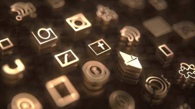 Close-up of various social media icons on a dark background with warm, golden lighting.