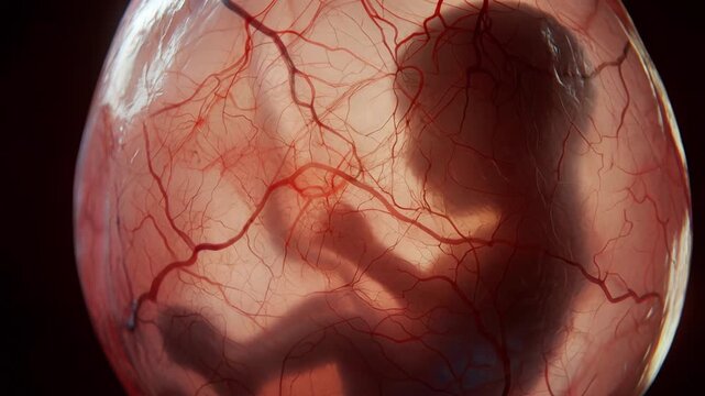 Human fetus moving and developing inside the womb, seen through amniotic sac with visible blood vessels