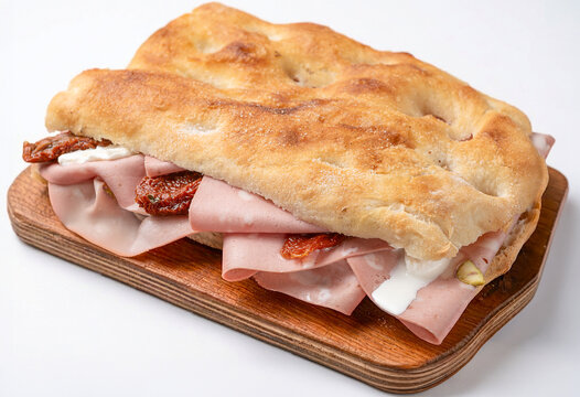Tuscan schiacciata flatbread sandwich filled with mortadella, creamy stracciatella cheese and sun-dried tomatoes, served on a wooden board isolated on white