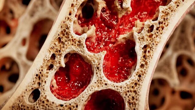 Red bone marrow flowing through porous trabecular bone cavities in a close-up medical anatomy view motion