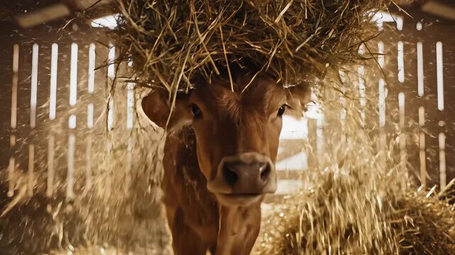 A playful brown calf picks up a large pile of hay on its head inside a rustic barn. Sunlight filters through wooden slats, creating a dusty, charming farm scene.