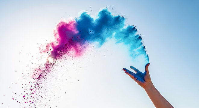 Holi powders thrown in vibrant burst against clear blue sky