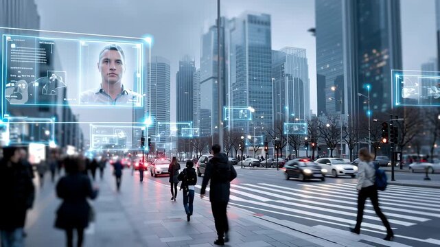 Facial recognition technology scanning people in smart city street, artificial intelligence monitoring public space and digital surveillance system concept