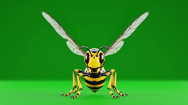 A vibrant 3d cartoon wasp illustration stands ready with transparent wings against a solid green screen background.