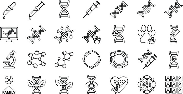 Genetics and DNA research icons set including syringe molecule chromosome and laboratory symbols