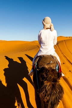 A person in white clothing and head covering rides a camel across orange sand dunes under a clear blue sky. The camel's shadow is visible on the sand. Mezouga,Sahara desert,Morocco