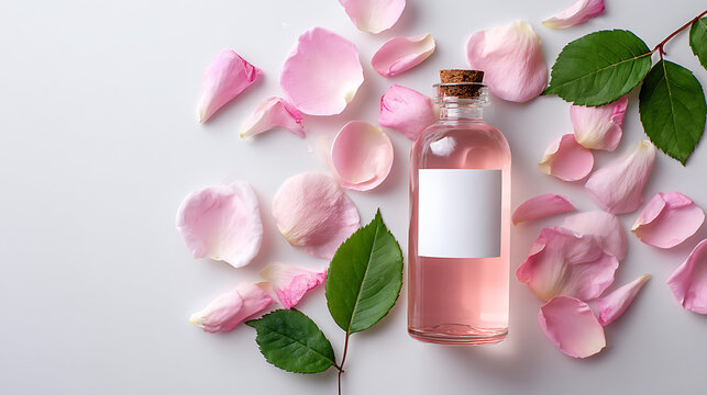 Top view of glass bottle with pink liquid and blank label surrounded by fresh rose petals and green leaves on white background for organic skincare beauty product mockup