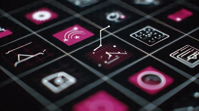 Close-up of a grid of glowing pink and white icons on a black background with a shallow depth of field.