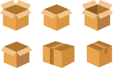 Fototapeta premium Carton delivery packaging open and closed box with fragile signs. Cardboard box
