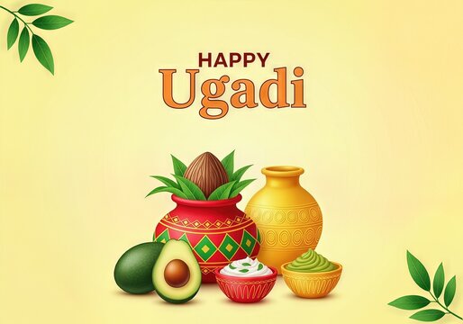 Happy Ugadi Greeting Card, Festival Celebration, Indian New Year, Tradition