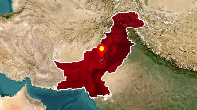 Pakistan map highlight animation video, country location with pinpoint marker on satellite map, geographic infographic overlay in video format
