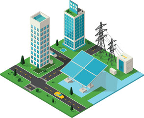 Isometric renewable energy city scene with solar power station modern skyscrapers smart grid and sustainable urban infrastructure illustration