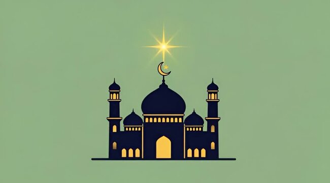 Vibrant mosque silhouette illuminated by a celestial crescent moon and star, symbolizing spiritual devotion and joyous celebration