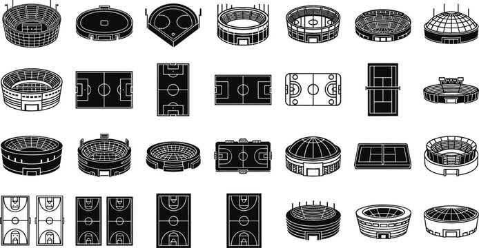 Sports stadium and arena top view icons set including football basketball and soccer fields