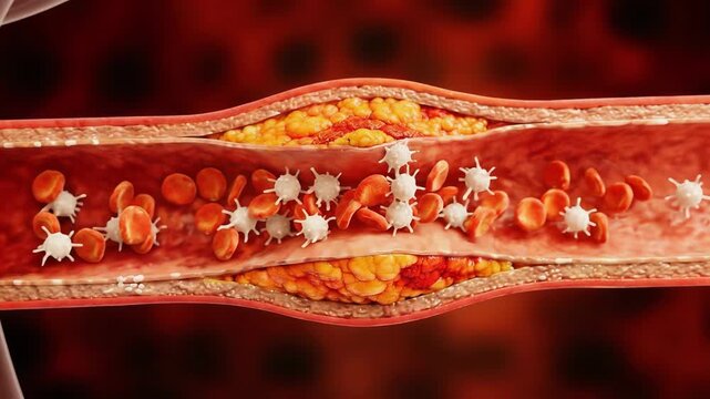 Blood cells and platelets flow through narrowed artery with plaque buildup and partial blockage in vessel