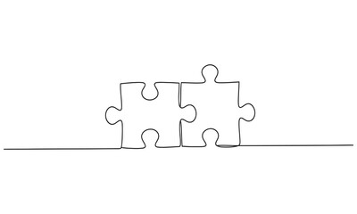 Puzzle in one continuous line drawing. Jigsaw with two piece is teamwork concept in simple linear style. Business and team symbol in Editable outline