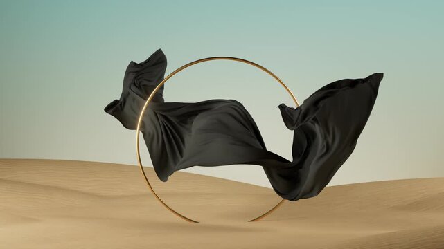 3D animation, fantasy motion design. Abstract animated black silk ribbon fluttering around a round golden frame, placed in the desert under a clear sky. Delicate fabric swaying, twisting, floating