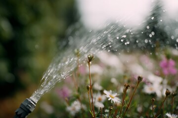 Watering flowers in the garden with a hose spray. Close-up of water droplets on plants during summer. Plant care and irrigation concept