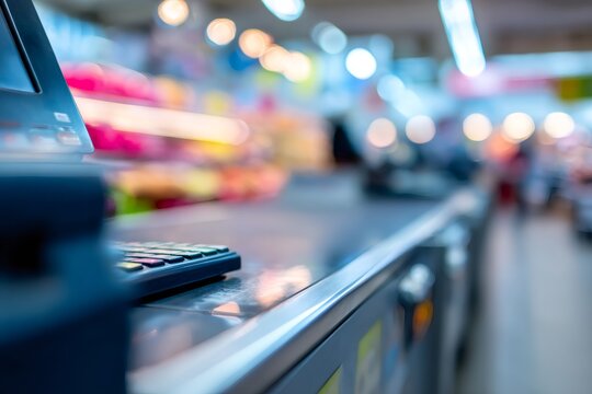 Supermarket checkout counter with a cash register keypad. Blurred retail store aisle with colorful bokeh lights in the background