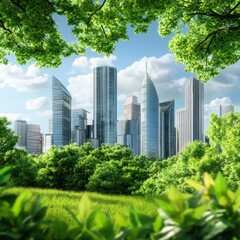 Fototapeta premium Eco-Friendly Cityscape: Blending Urban Development with Natural Greenery in a Modern Landscape