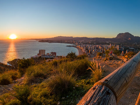View of the sun dipping below the horizon, casting a golden glow over the city skyline and the tranquil sea, the vibrant vegetation in the foreground, Benidorm, Valencian Community, Spain.