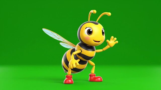 Cheerful 3d rendered cartoon wasp, brightly colored yellow and black, stands waving on a vibrant green screen.