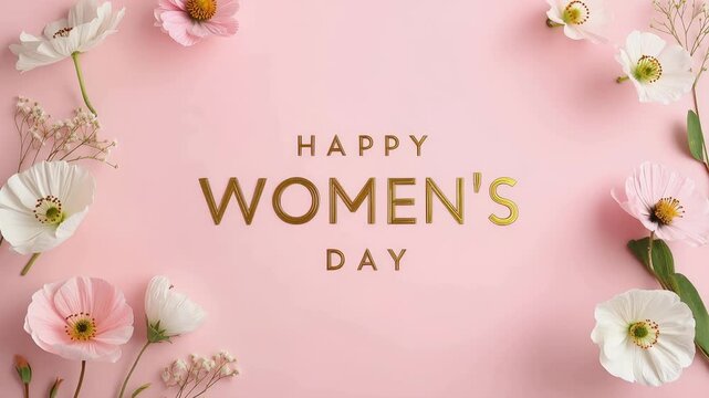 happy womens day golden text floral greetings with blooming flowers animation