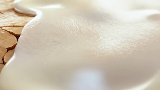 Creamy cosmetic lotion flowing over cracked dry skin and absorbing to leave smooth hydrated surface closeup