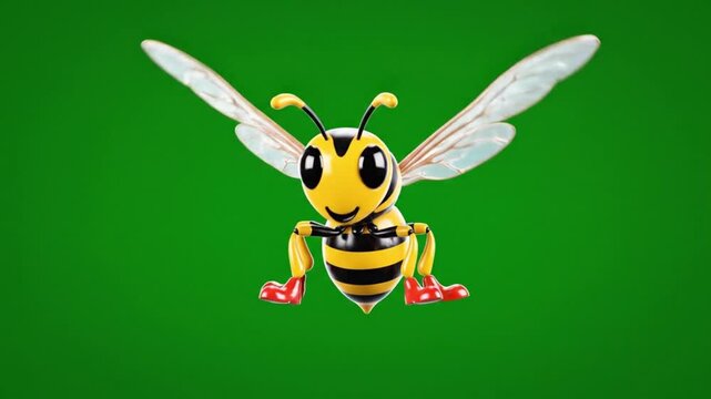 Cheerful 3d cartoon wasp with yellow and black stripes flying isolated against a vibrant green screen background.