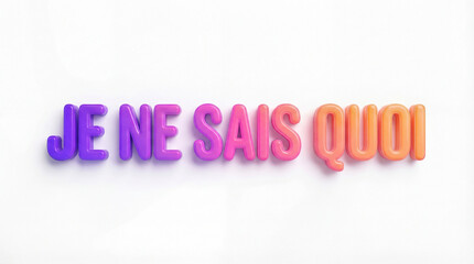 Texte en relief 3D &laquo; JE NE SAIS QUOI &raquo; avec d&eacute;grad&eacute; de couleurs violet, rose et orange sur fond blanc