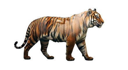 Obraz premium A majestic tiger strides forward, its body merging with a serene forest in double exposure art.