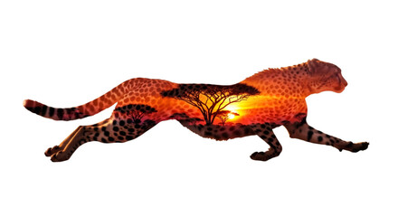 Naklejka premium A running cheetah silhouette filled with a beautiful sunset scene with silhouetted savanna trees