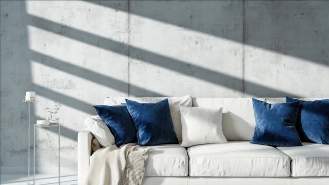 This video depicts a modern living room with minimalist decor. The white couch is accompanied by blue pillows and a textured throw, all set against a sleek concrete wall. A lighting fixture adds to